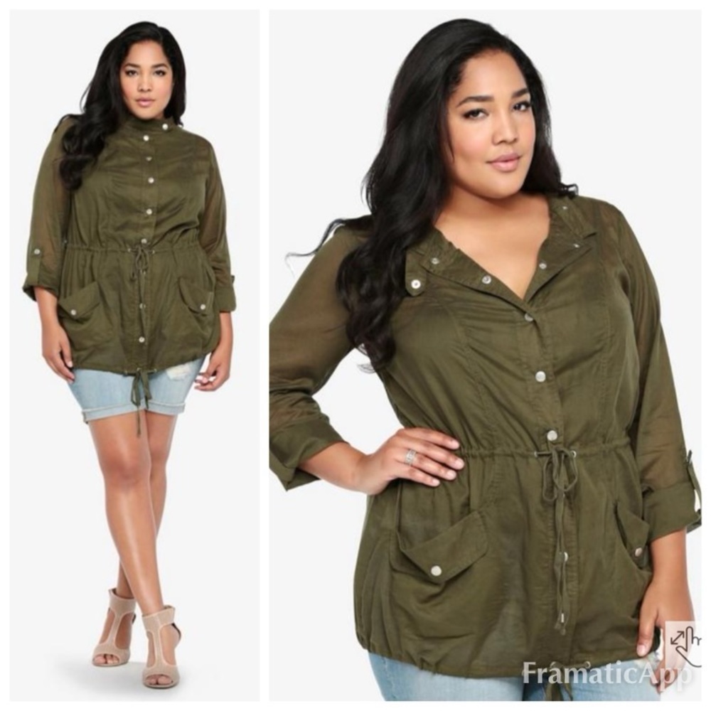 TORRID Snap-Front Toile Lightweight Anorak Jacket Sheer Layering - Olive SZ 2X